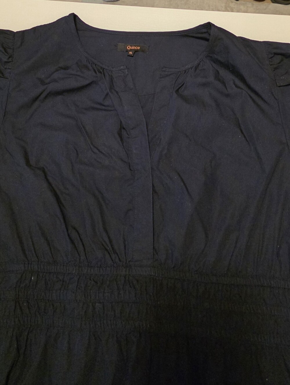 Quince Navy Short Sleeve Smocked-Waist Tunic